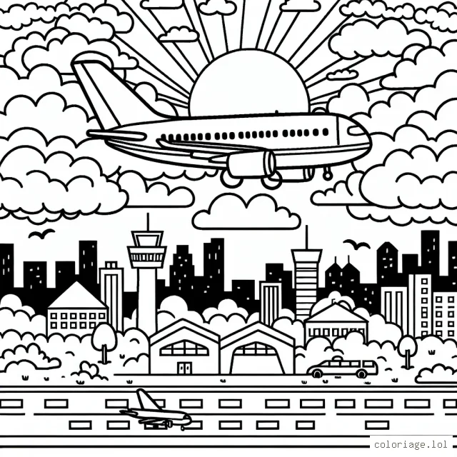 Un avion à réaction volant au-dessus des nuages avec le soleil couchant en arrière-plan. Dans le coin inférieur gauche, il y a un aéroport avec une piste et une tour de contrôle, et dans le coin inférieur droit, on aperçoit le haut d'une ville avec des immeubles et des maisons.