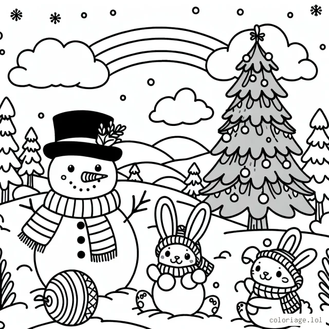 Imagine un paysage hivernal avec un bonhomme de neige portant une écharpe arc-en-ciel et une famille de lapins vêtus de hauts de forme qui jouent aux boules de neige autour d'un grand sapin décoré.