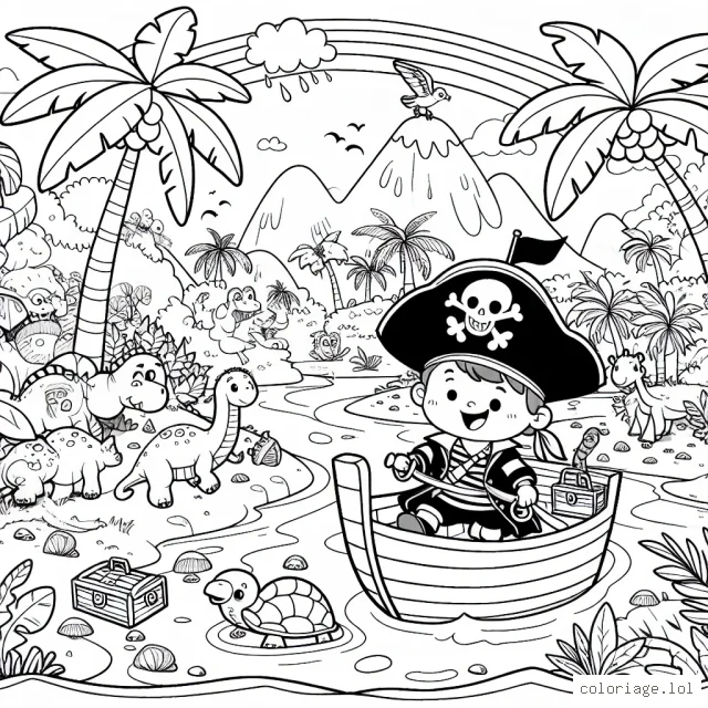 Le petit pirate, de son navire, cherche un trésor caché sur une île mystérieuse peuplée d'animaux exotiques et de végétation tropicale. Comment imagines-tu ce voyage passionnant ? Colorie ce dessin et raconte l'histoire !