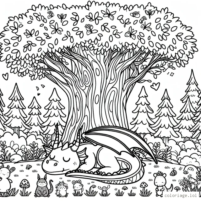 Un dragon endormi sous un arbre magique entouré de petits animaux de la forêt
