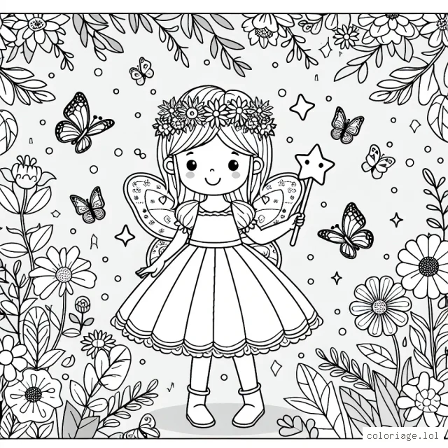 Une petite fille avec une robe de fée, tenant une baguette magique en forme d'étoile, parmi un jardin de fleurs lumineuses et des papillons colorés.