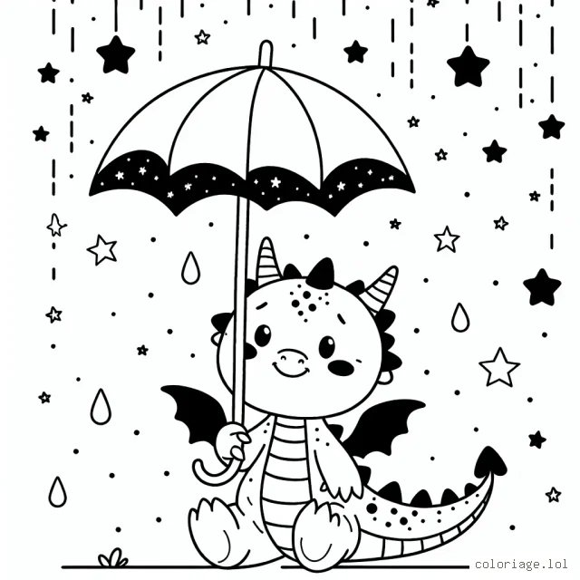 Un gentil dragon tenant un parapluie sous une pluie d'étoiles filantes