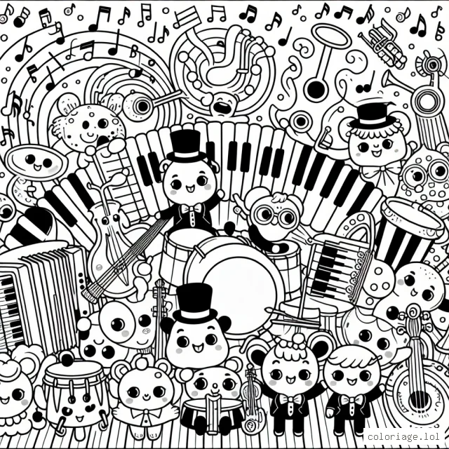 Imagine un world de la musique où chaque instrument de musique prend vie. Ils ont tous des visages souriants et des mains et des pieds, et ils jouent ensemble dans un grand orchestre!
