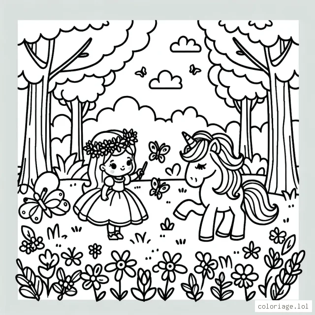 Dans une grande forêt printanière, une licorne joue avec des papillons, quand une princesse les rejoint.