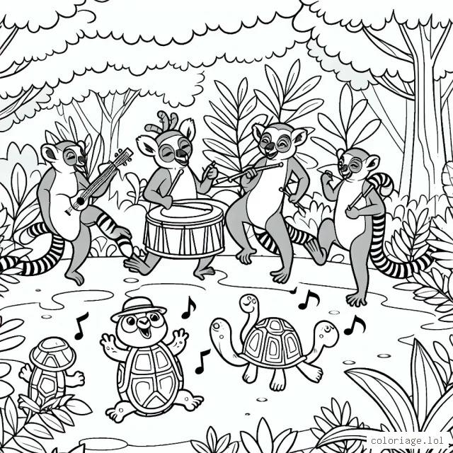 Une bande de lémuriens joyeux dansant dans la jungle, avec des tortues qui jouent de la musique