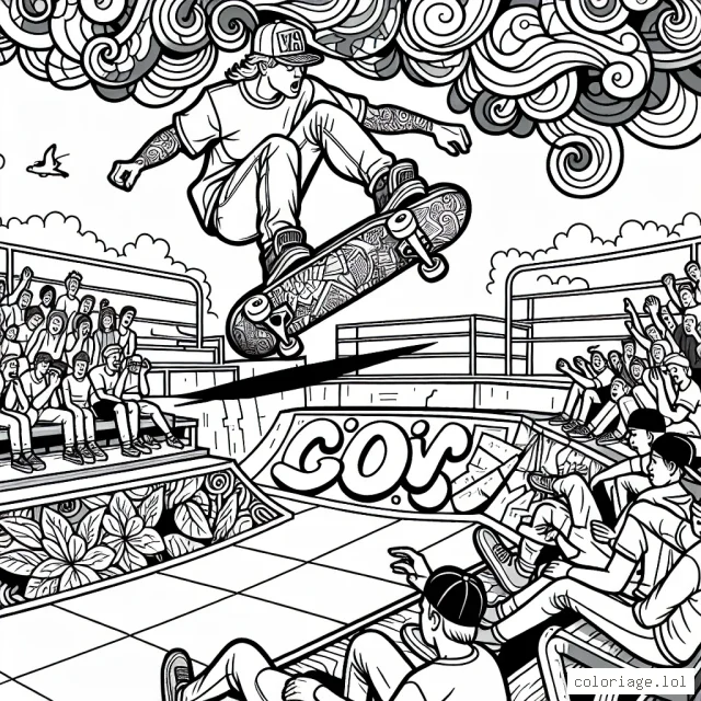 Imagine un scénario où un skateboarder audacieux effectue une cascade audacieuse dans un parc à skateboard. Il y a des graffitis colorés sur les murs du parc et plusieurs spectateurs assistent à cette performance avec émerveillement. Les détails des roues du skateboard, l'équipement de sécurité de l'athlète, les expressions du public et les graffitis doivent être amusants à colorier.