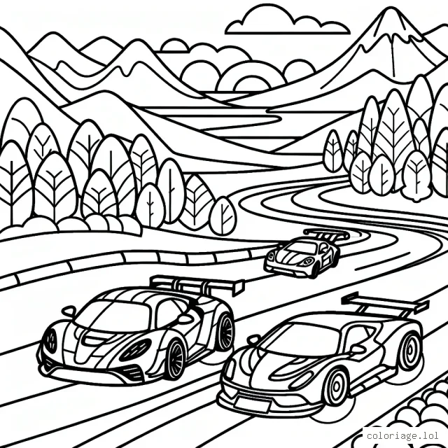 Dessine une course animée de voitures de sport sur une route sinueuse avec de magnifiques paysages en arrière-plan
