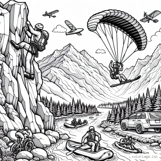 Sur ce dessin, imaginez un paysage montagneux avec des athlètes pratiquant différents sports extrêmes. Sur un côté, il y a une énorme falaise où un grimpeur échelle, vêtu de son harnais et de son casque. Au sommet de la montagne, un skieur professionnel se prépare à descendre la pente enneigée. Dans le ciel, on peut apercevoir un parapentiste volant haut dans le ciel bleu. Au sol, un vététiste descend un sentier abrupte à toute vitesse. Et au milieu de tout cela, une équipe de rafting navigue sur un torrent tumultueux.