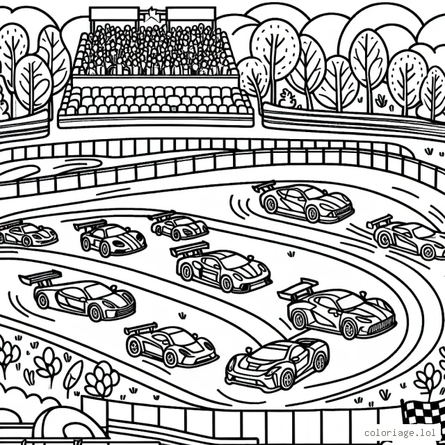 Imagine une scène colorée et vibrante sur une course de voitures de sport.