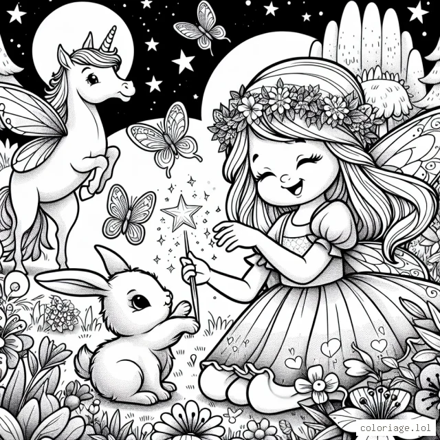 Imagine un jardin féerique animé avec une petite fée adorable jouant avec ses amis les animaux au milieu des fleurs colorées. Elle sourit, tenant dans sa main une baguette magique qui brille. Elle caresse un lapin moelleux avec, tandis que les oiseaux chantent joyeusement sur les branches des arbres. Une licorne majestueuse est également présente, debout près d'une belle fontaine. Le ciel est parsemé d'étoiles brillantes et le jardin est éclairé par une lune douce, offrant un cadre magique.