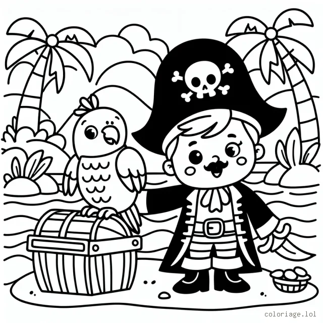 Pirate avec son perroquet sur une île au trésor