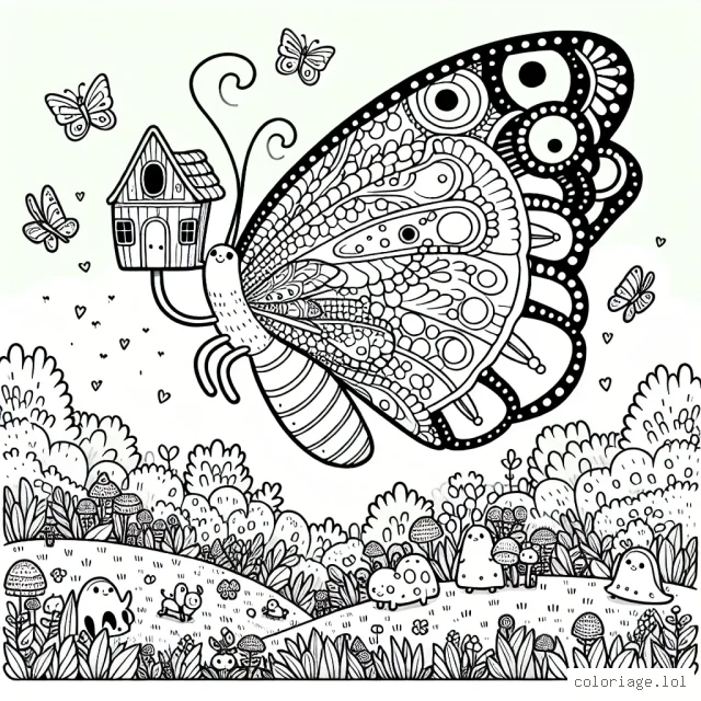 Un paysage féérique impliquant un papillon gigantesque transportant une maisonnette sur son dos, survolant une prairie grouillant de créatures minuscules et amicales, toutes occupées à leur propre activité.