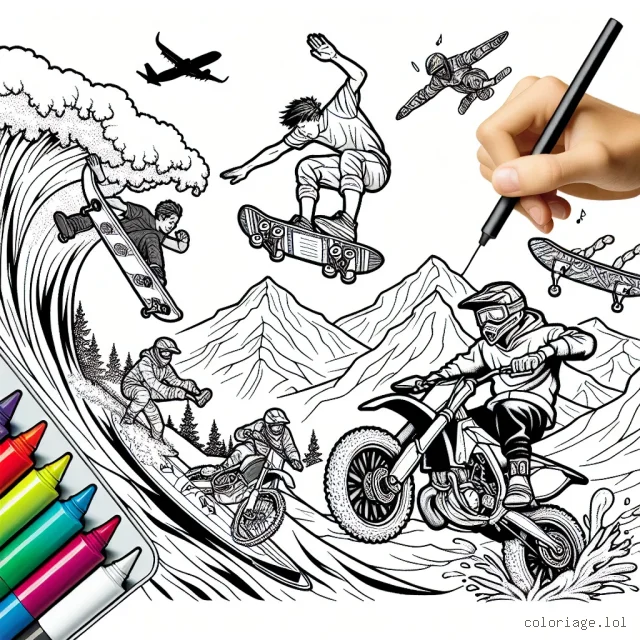 Dans cette scène d'action sur papier, un groupe d'athlètes audacieux effectue une série de sports extrêmes. Ici, vous pouvez voir un skateur effectuant un stunt audacieux, un surfeur déchirant une vague géante, un motocross volant haut dans le ciel, et un grimpeur sur un rocher énorme! À vous de peindre cette scène vibrante avec vos couleurs favorites.