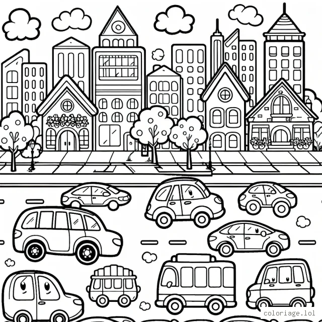 Paysage urbain animé avec des voitures de différentes formes et tailles, courant sur la route avec de jolis immeubles en arrière-plan