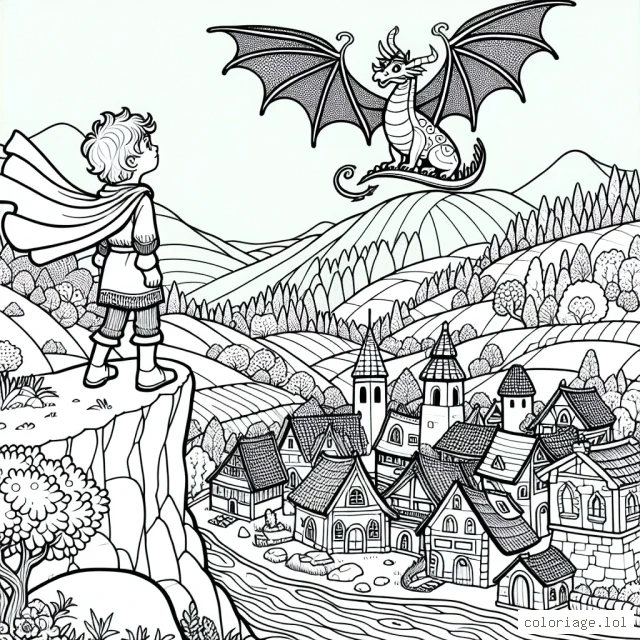 Dans ce dessin, notre jeune héros Hugo se tient au sommet d'une haute colline surplombant son village. À ses pieds s'élancent les toits colorés des maisons, tandis que la rivière sinueuse serpente brillamment à travers les champs verdoyants. Dans le ciel, un grand dragon ailé fait une apparition remarquable, émerveillant Hugo devant ce spectacle. Le village, le dragon, et même Hugo doivent être vivement coloriés.