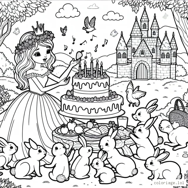 Une princesse enchantée nourrit un groupe de petits animaux dans une clairière magique. Entourée d'oiseaux chanteurs, de lapins espiègles et de biches curieuses, elle partage avec eux un pique-nique royal. Il y a du pain, du fromage, des fruits et un grand gâteau qui ressemble à un château.