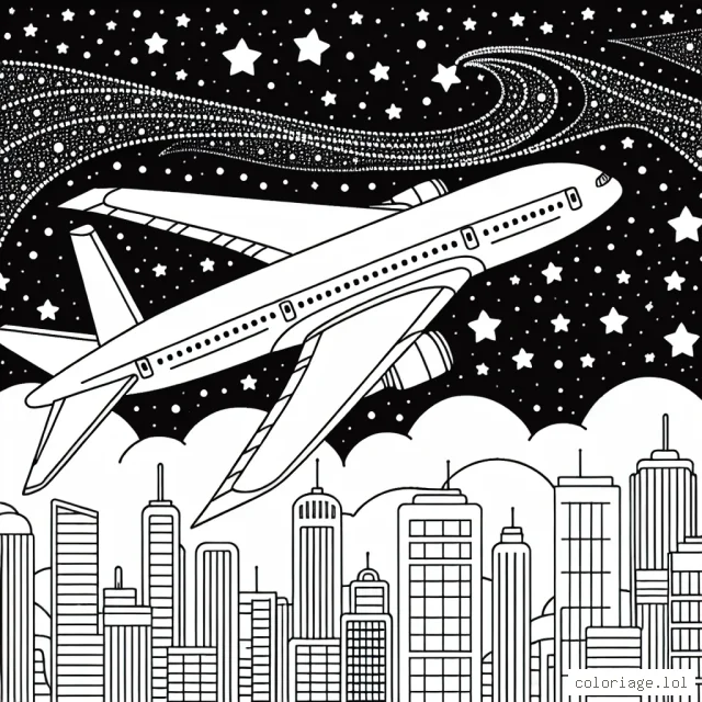 Dessine un avion de ligne traversant le ciel étoilé, survolant une ville illuminée la nuit.