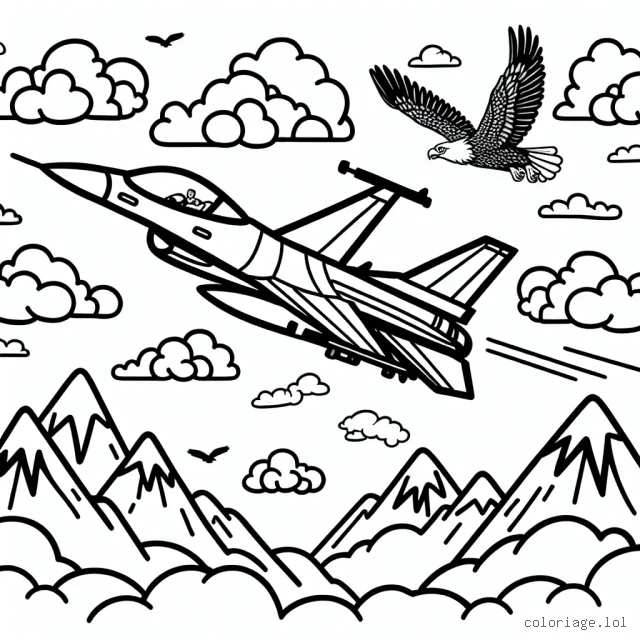 Dessiner un avion de chasse F16 survolant le ciel et offrant un spectacle d'acrobaties aériennes avec des montagnes en toile de fond. Dans le ciel, de nombreux nuages de formes différentes complètent le tableau. Vous pouvez ajouter des aigles ou d'autres oiseaux pour plus de réalisme. L'avion doit être dans un style détaillé, tandis que les montagnes et les nuages peuvent être dessinés de manière plus stylisée pour donner de la profondeur au dessin.