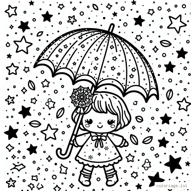 Une petite fille avec un parapluie magique parmi les confettis étoilés