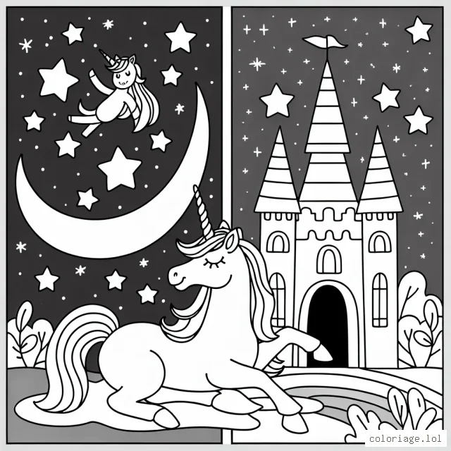 Un paysage magique de licorne faisant la danse de l'étoile au clair de lune à côté du château arc-en-ciel