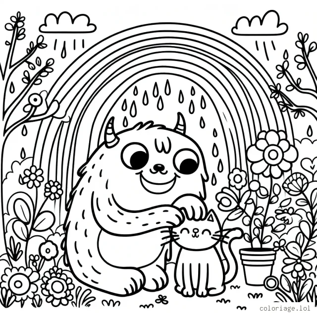 Un monstre gentil qui caresse un chat dans un jardin fleuri sous un arc-en-ciel