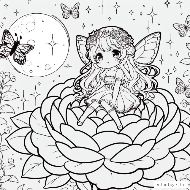 Une petite fée anime est assise sur une fleur de camélia en plein épanouissement sous le doux rayon de lune, entourée de papillons scintillants et de lucioles brillantes.