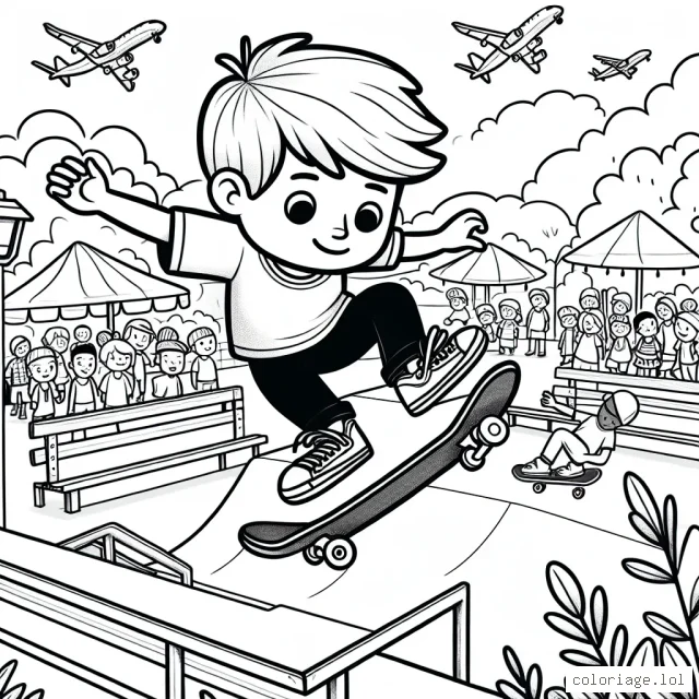 Imagine le dessin d'une scène d'un skateur professionnel effectuant un saut spectaculaire sur une rampe de skate dans un parc public animé.