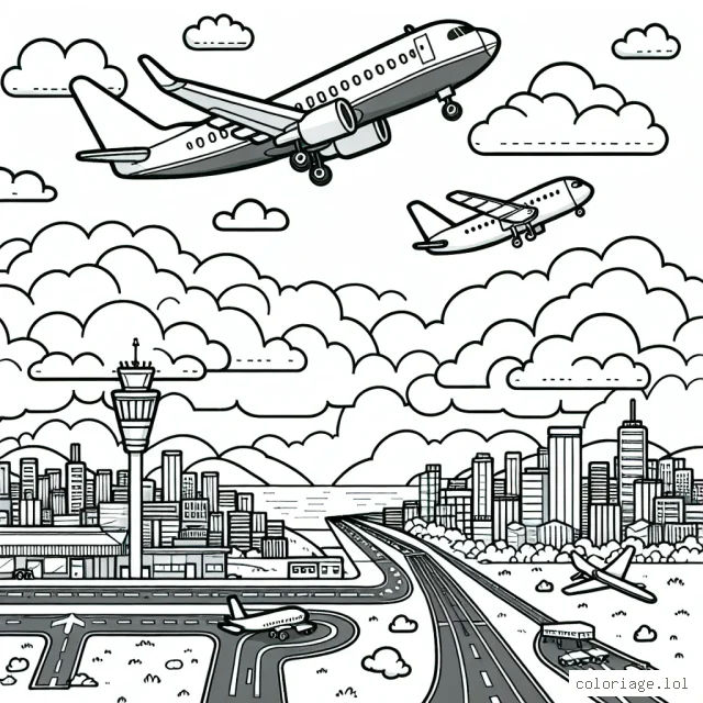 Un avion survole les nuages pendant qu’un autre atterrit sur une piste, à proximité d'un aéroport grouillant de vie. Au loin, on peut apercevoir les vues d'une ville.