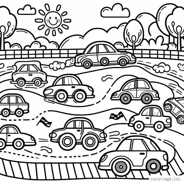 Dessine une grande course d'automobiles avec des voitures de toutes les couleurs et formes. N'oublie pas d'ajouter le public qui encourage les conducteurs, des arbres autour de la piste et un soleil souriant dans le ciel.