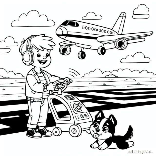 Un petit garçon est sur une piste de décollage, tenant les commandes d'un avion jouet. À côté de lui, son chien l'observe avec excitation. Un grand avion est prêt à décoller en arrière-plan.