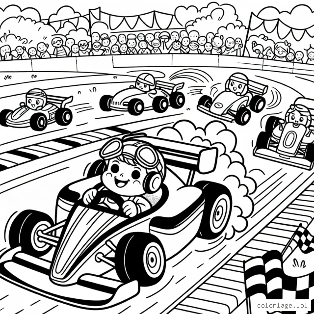 Voici une merveilleuse scène d'une voiture de course filant à toute vitesse sur une piste de course. D'autres voitures la poursuivent de près et les couleurs des peintures de leurs carrosseries sont à votre libre choix. Il y a aussi un public excité en arrière-plan, avec des drapeaux, des banneaux et des ballons. N'oubliez pas de colorier le paysage environnant - le ciel bleu, les arbres verts et la piste grise.
