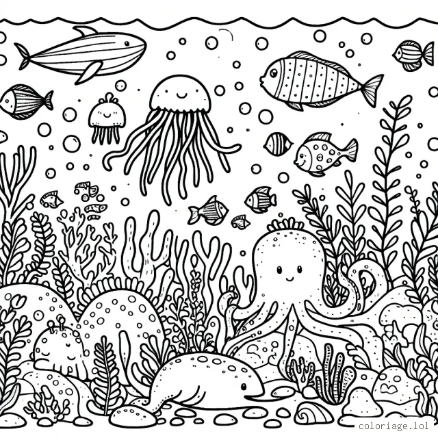 Imaginez une scène sous-marine avec de nombreuses créatures marines