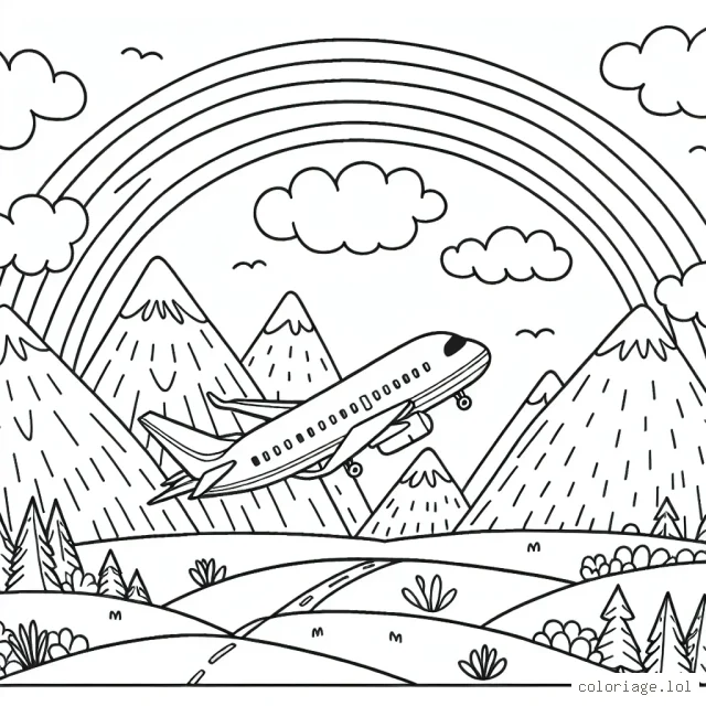 Dessine un avion de ligne aérienne survolant un paysage montagneux avec un arc-en-ciel brillant