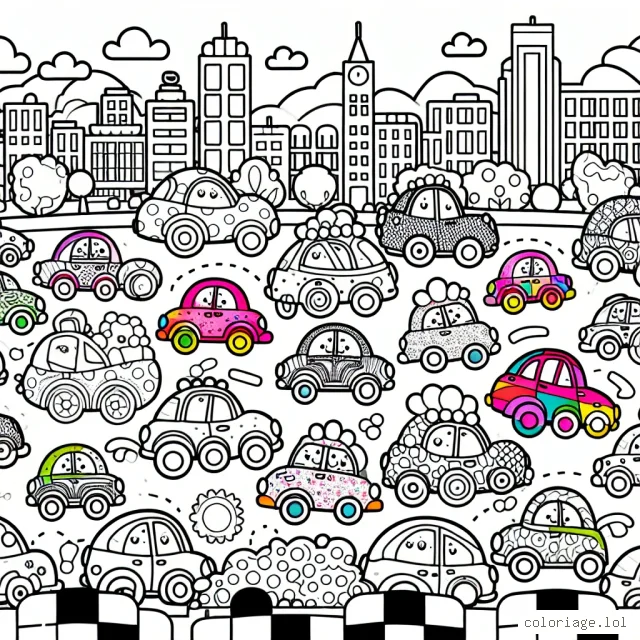 Dessine une course colorée de voitures surprenantes dans la ville animée !