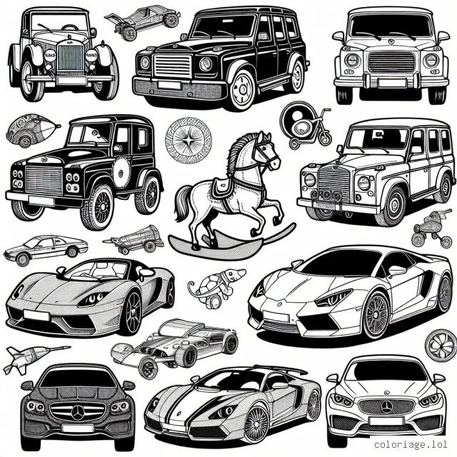 Dessine une collection de voitures par marque. Chaque voiture doit représenter fidèlement l'apparence et les détails caractéristiques de sa marque. Assure-toi d'inclure des marques célèbres telles que Ferrari, BMW, Mercedes, Audi et Lamborghini.