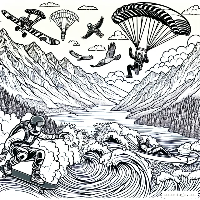 Sur une planche à roulettes, qui défie la gravité, au milieu de montagnes, de neige et de nature sauvage. Un parachutiste devient un oiseau et vole haut dans le ciel. Un surfeur affronte des vagues énormes. Un aventurier fait du rafting à travers des rivières sauvages et des cascades. Dessine des courageux athlètes pratiquant du sport extrême. Utilise de vives couleurs pour rendre l'excitation et le frisson de ces sports extrêmes.