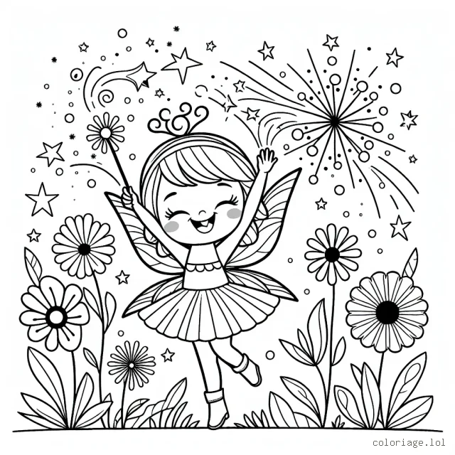Une joyeuse petite fée distribue sa poussière d'étoile magique à toutes les fleurs dans un jardin merveilleux.
