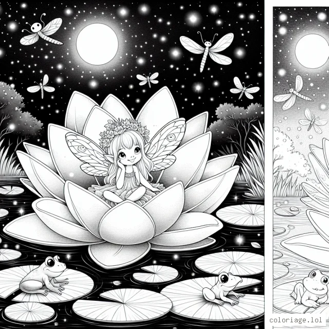 Une petite fée ludique est assise sur une fleur de lotus géante au milieu d'un étang mystique, entourée de lucioles étincelantes. Des libellules colorées virevoltent autour d'elle, tandis que des grenouilles curieuses lui font compagnie sur les nénuphars proches. L'arrière-plan est un paysage serein de nuit étoilée, avec une lune brillante et des silhouettes douces d'arbres ondulants au loin.