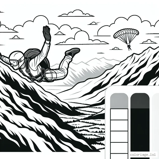 Dessine un base jumper en plein saut, portant une aile de wingsuit, avec des montagnes en arrière-plan.