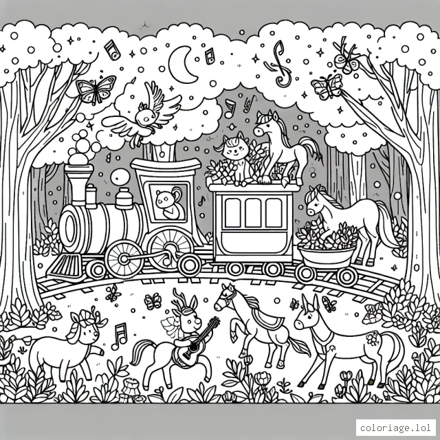 Un petit train voyageant à travers une forêt enchantée remplie d'animaux qui jouent avec des instruments de musique