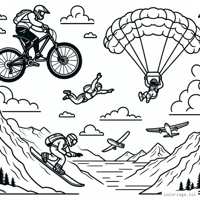 Imagine un scénario de sports extrêmes où un athlète dévalle une montagne sur son vélo de montagne tout-terrain, pendant qu'un autre fait du parachutisme dans le ciel, un troisième surfe sur une vague géante et un quatrième fait du snowboard sur un glacier.