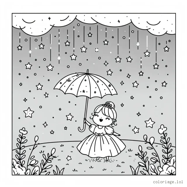 Une petite princesse tenant un parapluie magique sous une pluie d'étoiles filantes