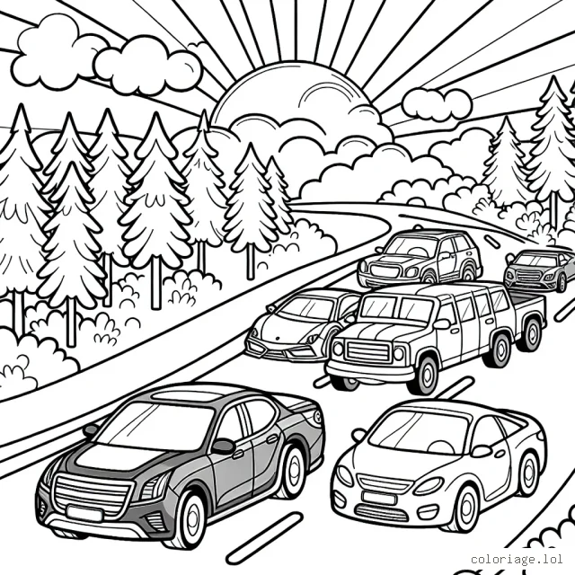 Dessine une parade de voitures de différents modèles (SEDAN, SUV, SPORT, PICKUP) sur une route bien pavée qui serpente à travers une forêt magnifique sous un beau soleil d'été.