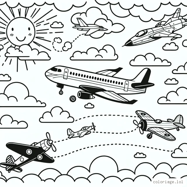 Un ciel animé avec divers types d'avions volant haut et bas. Au centre, un grand avion de ligne est flanqué de deux avions plus petits. Au-dessus, un avion de combat zigzague dans le ciel laissant derrière lui un sillage à colorer. En dessous, un avion à hélices vintage vole paisiblement. À l'arrière-plan, des nuages doux et cotonneux flottent, prêts à être colorés avec des tons pastels ou vifs, et le soleil souriant apporte une touche joyeuse à la scène.