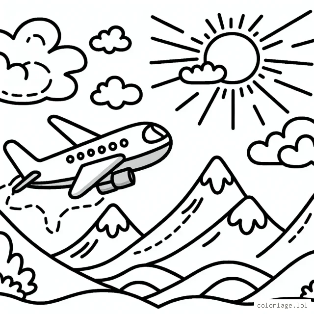 Un avion coloré vole au-dessus des montagnes avec un nuage doux et du soleil éclatant.