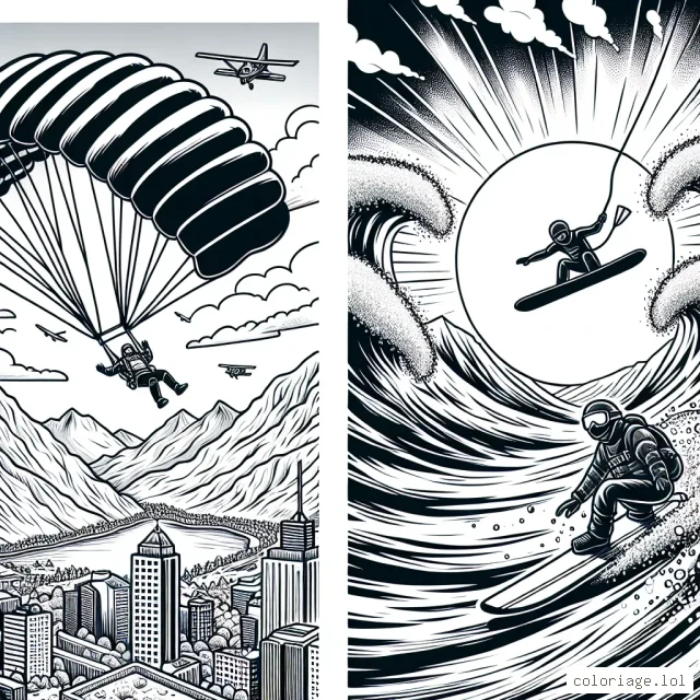 Un saut en parachute excitant au-dessus d'une ville ensoleillée, des surfeurs audacieux affrontant des vagues impressionnantes et un snowboardeur descendant une montagne enneigée à toute allure. Voici une scène d'action unique qui met en valeur l'excitation et l'aventure des sports extrêmes.