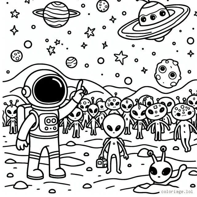 Un astronaute découvrant une nouvelle planète peuplée d'aliens colorés et amusants