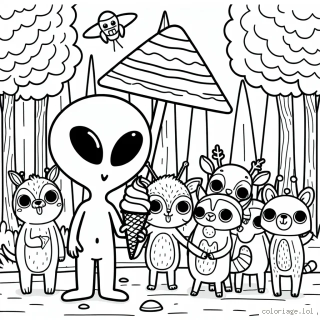 Un gentil extraterrestre qui partage de la glace avec une bande d'animaux de la forêt