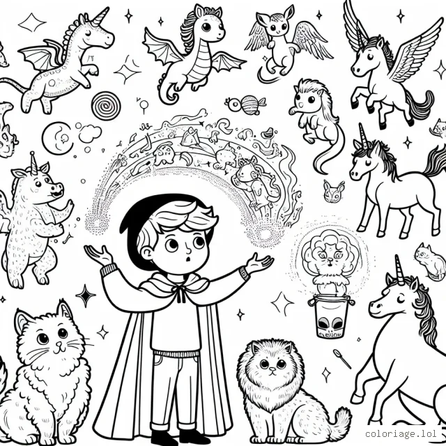Un enfant magicien est en train de faire apparaître des animaux constants de l'univers