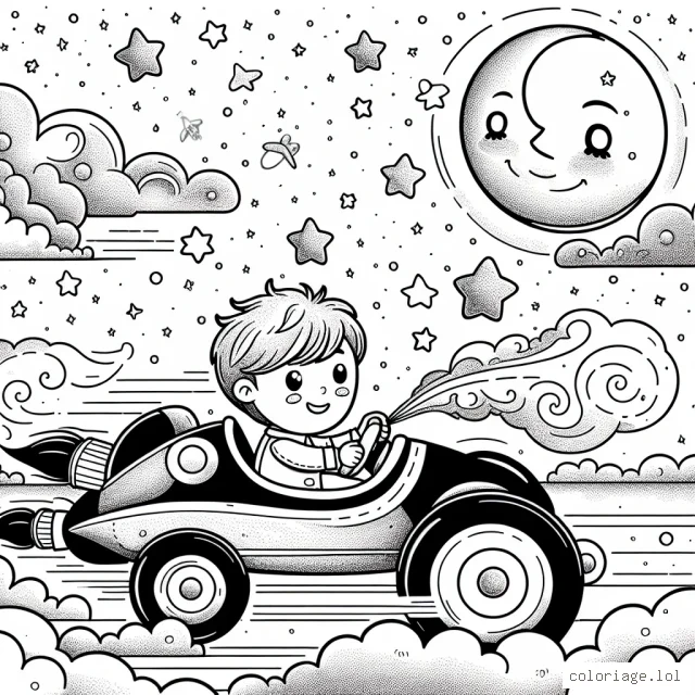 Un petit garçon et sa super voiture de course volant dans un paysage fantastique avec des nuages doux, des étoiles scintillantes et une lune souriante.